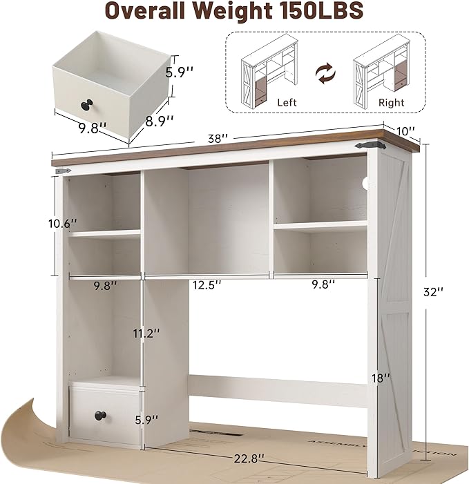EnHomee 38" Wooden Desk Shelf for Top of Desk with LED Lights, Adjustable Desk Hutch Dorm with Drawer & 8 Shelves, Desktop Bookshelf for Dorm, Home, Office,White