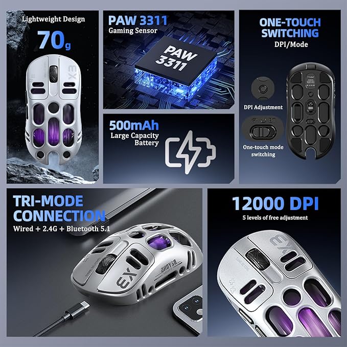 X3 Wireless Gaming Mouse with 70g Lightweight Hollowed Out Design – 12,000 DPI PAW 3311 Sensor, 6 Programmable Buttons, Support Wired/2.4GHz/BT for PC/Mac/Gamer (White)