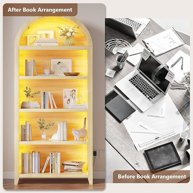 Arch Bookcase - 5 Layers Bookshelf with 3 Colors LED Sensor Lights and Thickened Wooden Design Display Shelf for Lego Books Bathroom Living Room - Ideal Gift (Light Wood)