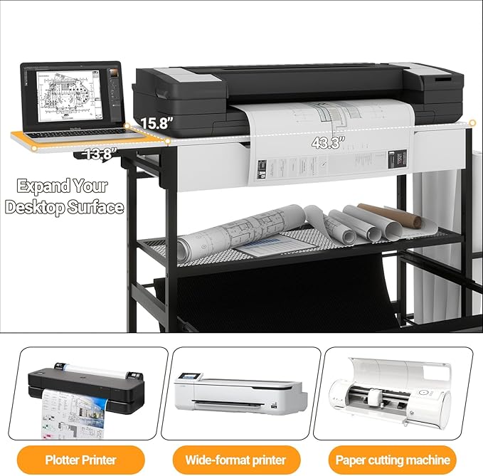 Wide Format Printer Stand with Laptop Station, Plotter Workbench Table with Pull-out Drafting Storage, Roll Paper Holder, Accessory Drawer & Adjustable Shelf for Plotters/Cutting Machines (White)
