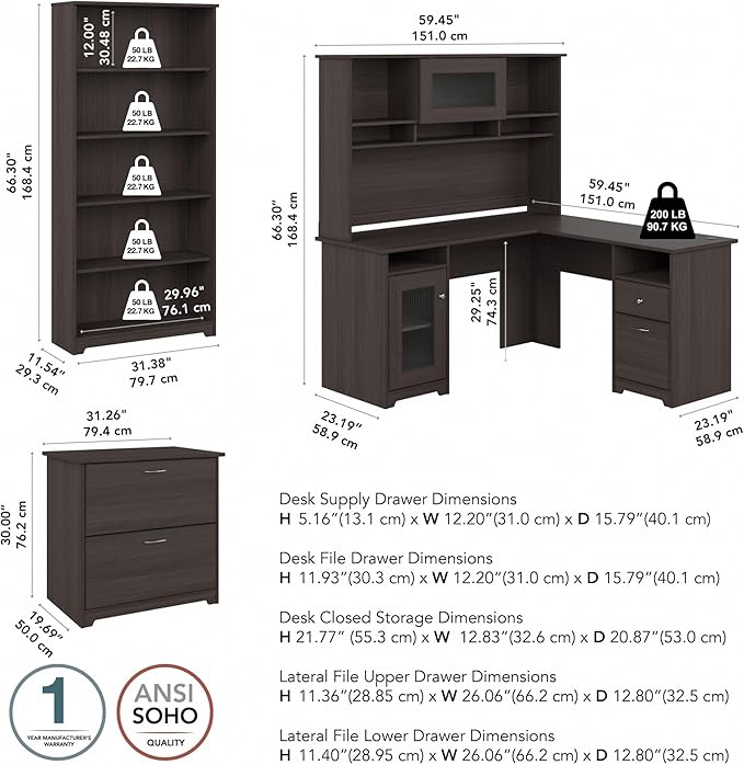 Bush Furniture L Shaped Desk with Hutch, 5 Shelf Bookcase and Lateral File Cabinet | Cabot Collection Corner Computer Table with Storage and Bookshelf