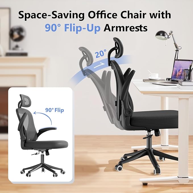 SeekFancy Ergonomic Office Chair M903, Computer Desk Chair with Wheels, High Back Mesh Office Chair with Adjustable Lumbar Support, Headrest, Flip-Up Armrest, Black