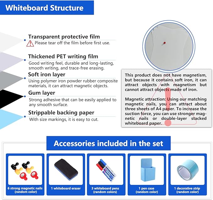 Self-Adhesive Dry Erase Whiteboard Sticker, 47.24" x 23.62" Magnetic Receptive White Board Wall Film, No Ghosting, Easy Write & Clean | Peel & Stick for Office, Home & Classroom,Incl. Accessories