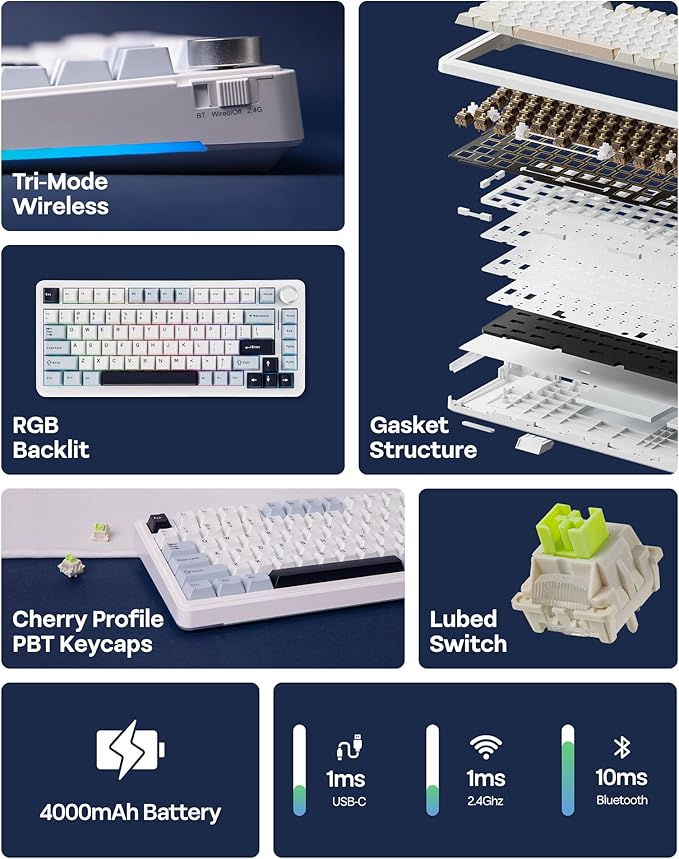 EPOMAKER EA75 75% RGB Gaming Mechanical Keyboard, 2.4GHz/Type-C/BT Creamy Wireless Keyboard with Knob, Shine Through PBT Keycaps, Hot Swappable for Gamers (Light Blue, Graywood V3 Switch)