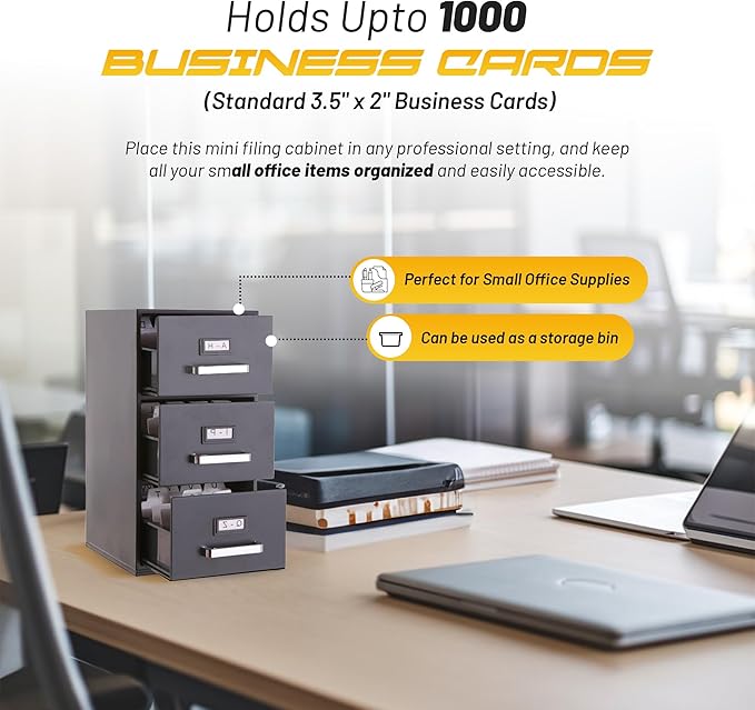 Desktop Mini Filing Cabinet | Business Card Organizer & Storage | Desktop Organizer | 3 Drawers | Gray | 8.75H x 4.5W x 5D inches (Pencil Case Not Included, For Size Reference Only)