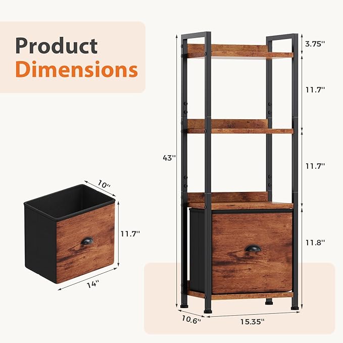 Sweetcrispy 4-Tier Bookshelf with Fabric Drawer, Wood-Metal Standing Display Shelf, Multi-Functional Organizer for Books, CDs and Movies, Suitable for Bedroom, Living Room, Brown