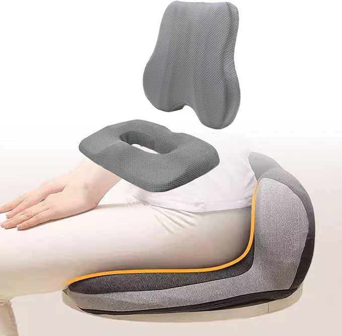 Back and Seat Cushion Set, Thick Breathable Backrest and Seat Pad, Office Chair Cushion with Ergonomic Support and Non-Slip Strap, 15.75x3.15x15.75inch Back, 17.72x2.76x12.99inch Seat- Gray