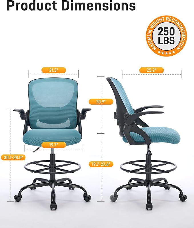 LukkDys Drafting Chair with 4D Multi-Adjustable Backrest, Tall Office Chair 19.7"-27.6" Seat Height, Ergonomic Standing Desk Chair with Flip-up Arms, Foot Ring, Blue&Black
