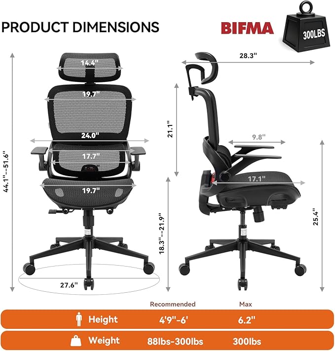 SIHOO B100 Office Chair, Comfy Ergonomic Office Chair, Computer Chair with Adaptive Lumbar Support & Wide Headrest, Flip-up Armrests, Swivel Desk Chair for Long Hours, Without Footrest, Black