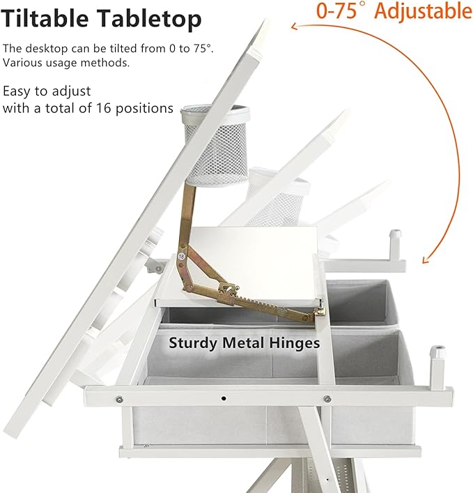Drafting Table, Height Adjustable Drawing Table Art Table with Stool, 0-75° Tilted Tabletop Artist Desk Painting Table with Storage for Home Office School, Type 4-All White
