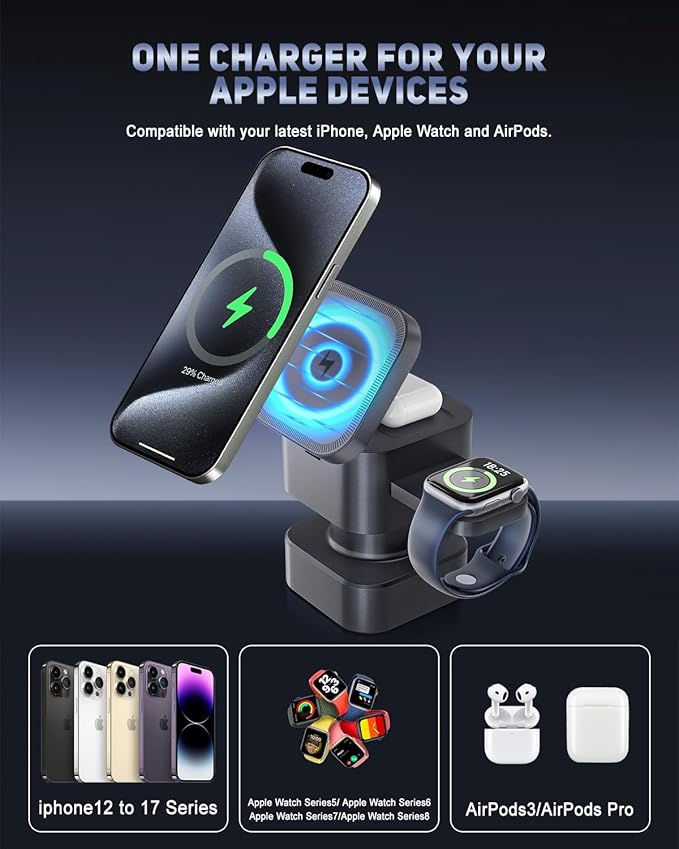 【2026 Upgraded】 QFA Wireless Charger 4 in 1 for iPhone with Night Light,Fast Magnetic Stand,Charger Station for iPhone 17/16/15/14/13/12 Pro/Max/Plus/Air Apple Watch Airpods