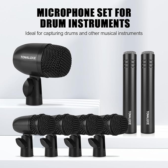 Drum Mic Kit, 7-Piece Wired Dynamic Drum Microphone Set with Carry Case,Thread Clip & Mics Holder, Full Metal Bass/Tom/Snare/Hi-hat Cymbals Mics for Instrument Recording & Music Production