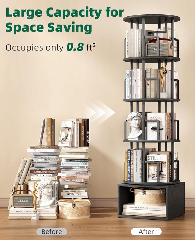 Kalrin 5 Tier Rotating Bookshelf with Extra Storage Cabinet, 360°Spinning Corner Bookshelf, Floor Standing Bookcase for Kids & Adult, Narrow Book Shelf for Bedroom Living Room, Pure Black