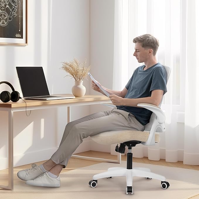 NEO Chair Office Desk Gaming Chair Computer High Back Mesh Seat with Rolling Wheels Ergonomic Adjustable Comfy Flip-up Armrests Lumbar Support Height for Home (Beige)