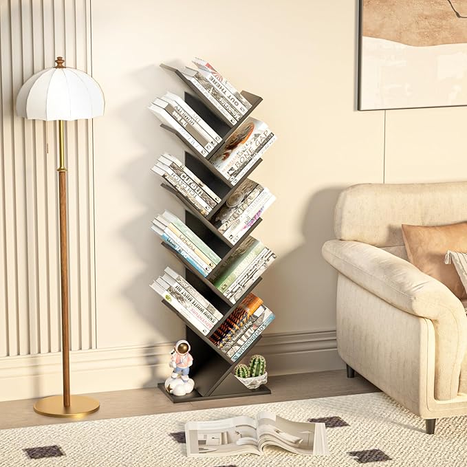 SHEEPAM 10 Tier Tree Book Shelf, Floor Standing Wood Bookshelf for Narrow Space, Storage Organizer Bookshelves for Books/CDs/Magazine, Bookcase with Shelves for Home Office, Living Room - Black