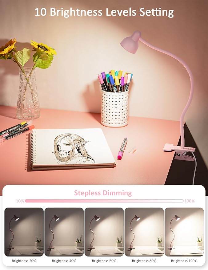LiFMIRA Pink Small Desk Lamp Clip on Reading Light for Bed 3 Colors 10 Brightness Dimmable Flexible Gooseneck Clip on Light for Bed Headboard College Dorm Room