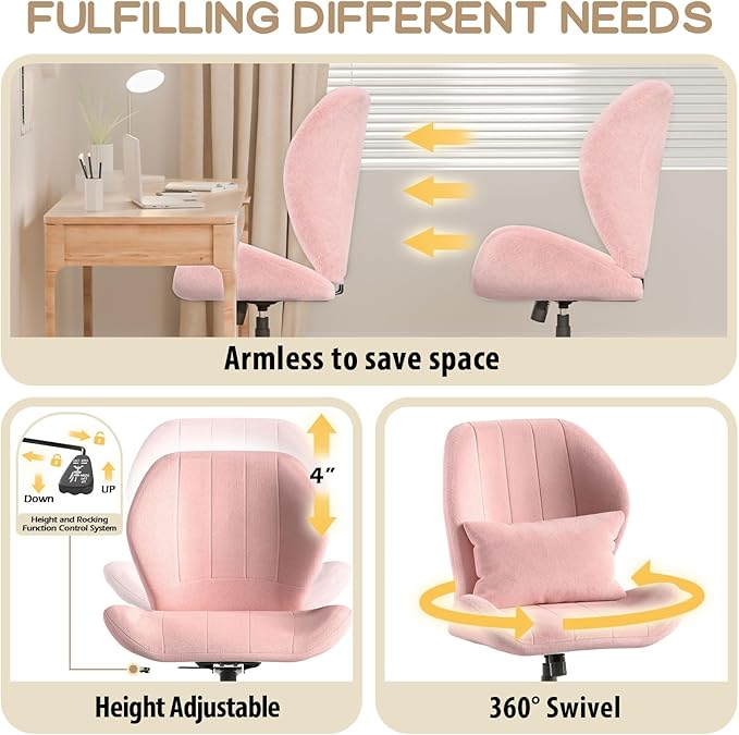 ZZW Criss Cross Chair with Wheels, Wide Cross Legged Office Chair Armless Comfy Desk Chair with Tall Back Vanity Chairs with Stress Relief Curved Design Seat for Bedroom & Office & Home Pink