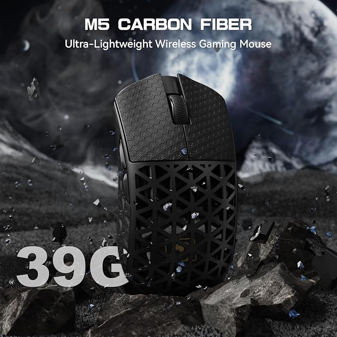MAMBASNAKE M5 Ultra Carbon Fiber 8000Hz Wireless Gaming Mouse, 39g Superlight, 42000DPI, PAW3950MAX Sensor, Nordic 52840 Chip, Bluetooth/2.4G/USB-C Wired Mice with Coiled Cable for PC/Mac (Black)