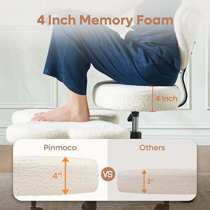 Pinmoco Ergonomic Cross Legged Chair, 360° Swivel Meditation Chair with Wheels, Height Adjustable Seat for ADHD, Strong Lumbar Support, Chic Home Office Furniture, Teddy Fabric, Off White