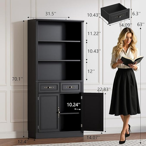 BORNOON 70.1" Tall Bookshelf with Drawers & Cabinet, 5-Tier Floor Standing Bookcase with Storage Doors, Adjustable Shelves & Metal Handles, 31.5" Wide Organizer for Home Office, Living Room