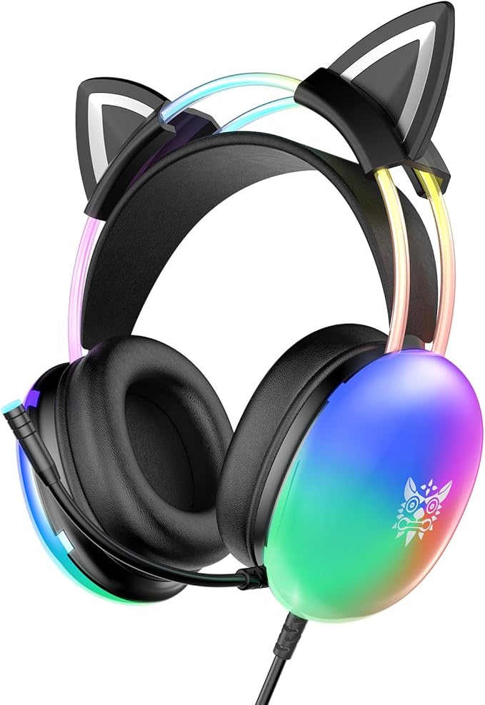 Cat Ear Gaming Headset with Microphone, RGB Rainbow Lighting, Surround Sound, 3.5mm Wired Over-Ear Headphones for PC/PS4/PS5/Switch/Laptop, Lightweight and Adjustable Headband