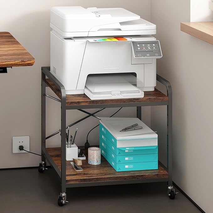 METYERRY Under Desk Printer Stand with Power Outlet,2 Tier Large Printer Table with Adjustable Shelf,Rolling Printer Cart with Industrial Wheels for Home Office,20"×20" Rustic Brown