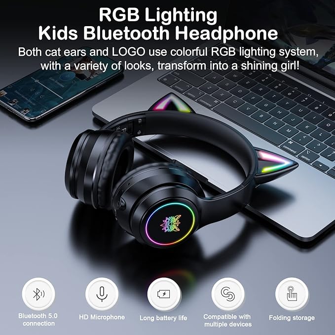 Bluetooth Cat Ear Headphones for Kids & Adults, Wireless & Wired Mode Foldable Headset with Mic - Clear Sound Quality - RGB LED Light, for Girls School Gaming, for Phone/Laptop/PC/Tablet, Black