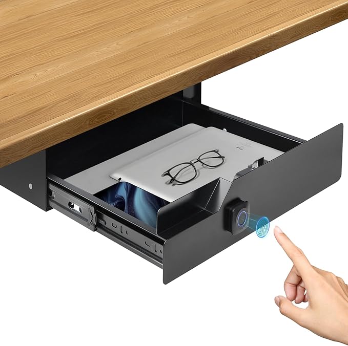 Under Desk Drawer with Biometric Fingerprint Lock, Metal Undermount Table Drawer, Slides Out Tray Organizer for Paper, Pencil, and Laptop 16"x11.8"x3.6", Black with Fingerprint Lock