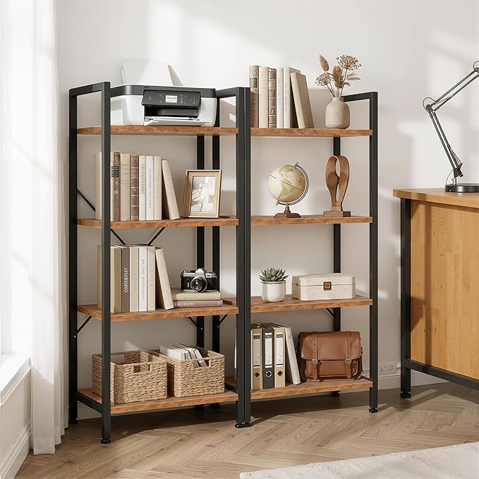 4 Tier Bookshelf, Free Standing Wooden Bookcase with Open Storage Shelves with Metal Frame, Sturdy Shelf Organization Display Rack for Living Room, Bedroom, Home Office, 39.4" Tall, Brown