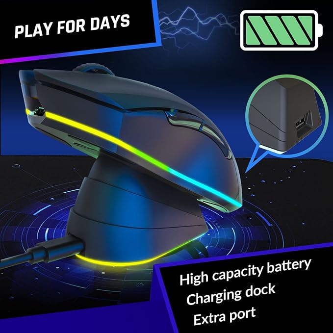 KLIM Blaze Pro Rechargeable Wireless Gaming Mouse with Charging Dock RGB - New Version - High-Precision Sensor and Long-Lasting Battery - Up to 6000 DPI - Great PC Gaming Mouse Wireless