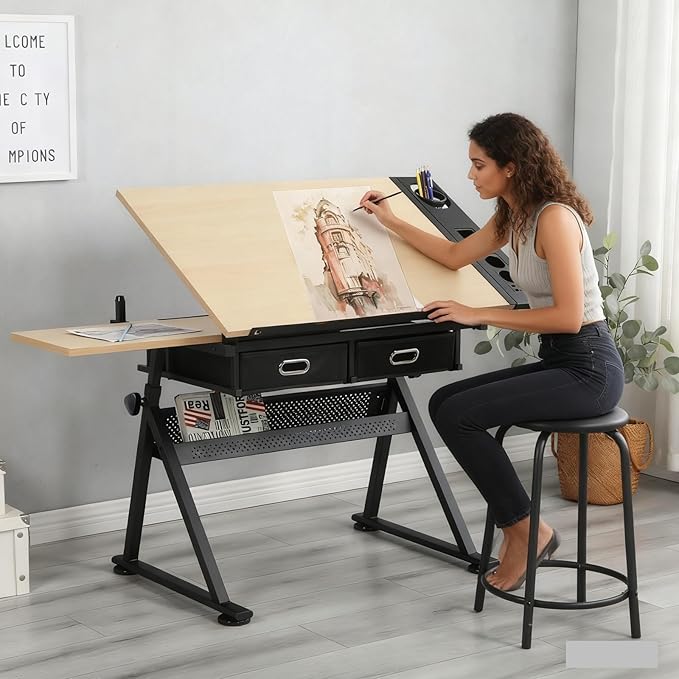 Drafting Table with Stool, Height Adjustable Drawing Table Art Table Painting Table Art Craft Desk with 0-75° Tilting Tabletop and Storage Drawers, Brown