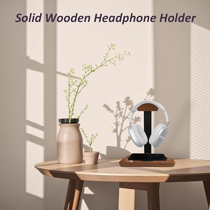 Solid Wooden Headphone Holder, Universal Headset Stand with Wireless Charger for Desk, Wireless Charger Headphone Holder for Gaming Desk Compatible with iPhone Samsung (Black)
