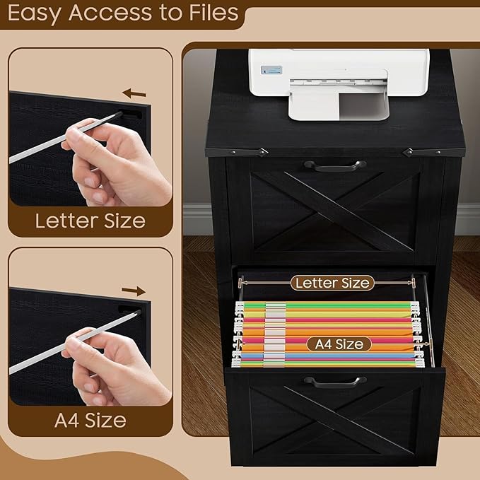 Vabches Vertical File Cabinet with 2 Drawers, Wooden Farmhouse Filing Cabinet for Letter/A4 Size Hanging Files, Under Desk Printer Stand with Storage for Home Office, Black