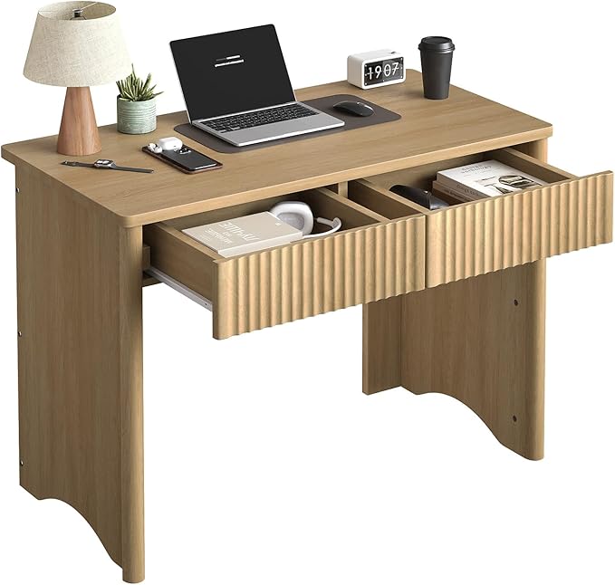Bestier Fluted Computer Desk with 2 Drawers, 40 Inch Small Wooden Writing Study Work Desk, Computer Table, Compact Executive Home Office Desk for Small Spaces, Bedroom, Study, Living Room