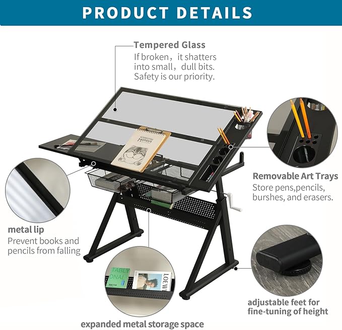 Adjustable Height Drafting Table with Storage Drawers & Stool for Adults, Glass Art Desk with Side Storage Strips, Drawing Table with Tilted Tabletop for Art Office Study (Black+Glass A)