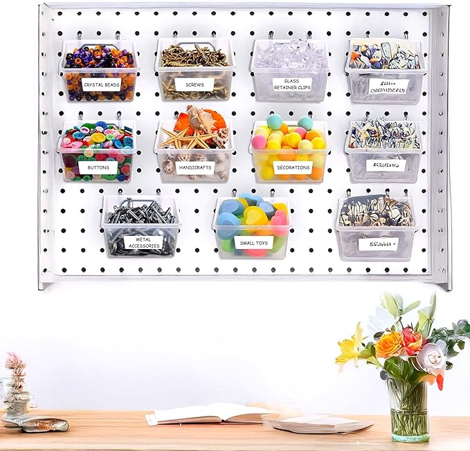 16 Set Clear Peg Board Bins and Baskets Pegboard Organizer Accessories with Hooks Pegboard Containers Wall Sticker Label and Pen for Craft Storage Tool Organizer Garage Storage