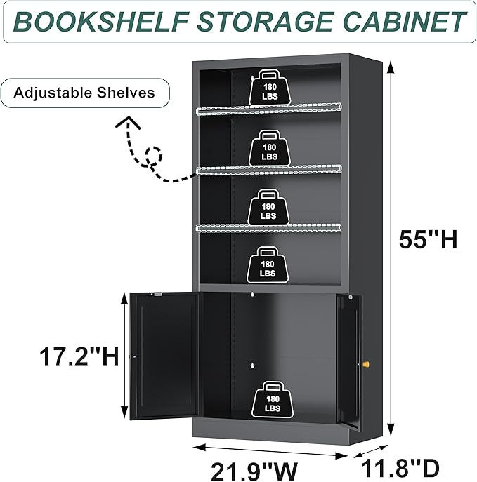 55" Tall Metal Bookcase,Heavy Duty Bookcases with Doors,Sturdy Modern Book Shelf with Cabinet,Industrial Display Book Case for Living Room,Office,Black