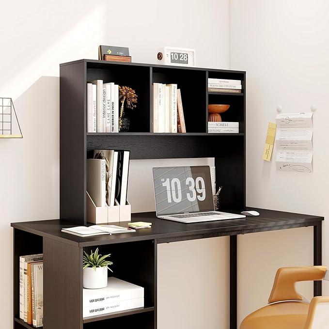 ReunionG Desk Hutch 2-Tier, Wood Hutch Top Only w/4 Shelves for Computer Monitor, Laptop, Dressing Table, Desk Organizer Display Rack Desktop Bookshelf for Home, Office, Dorm (Black)