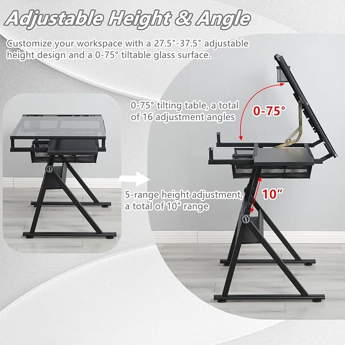 Drafting Table, 0-75° Tilting Glass Tabletop Drawing Table with Stool - Adjustable Height Art Desk with Multi-Storage for Sketching and Painting - Perfect for Artists and Hobbyists, Black