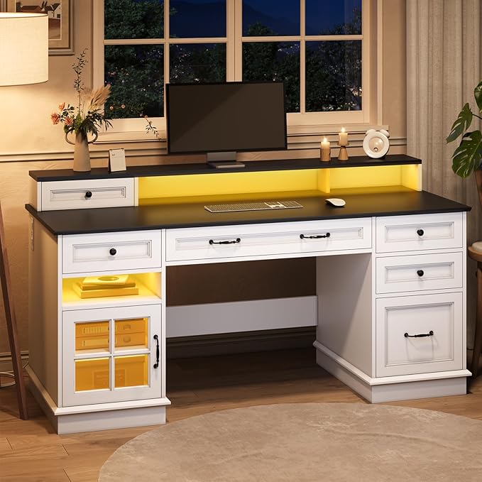 HAUOMS Farmhouse Executive Desk with Drawers Computer Desk with File Drawers, Power Outlet and Led Lights, Executive Office Desk with Storage Cabinet and Monitor Shelf for Home Office, White