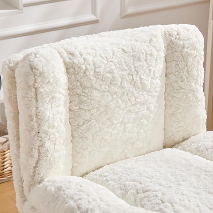 Goujxcy Desk Chair with Thickened seat Cushion, Modern Faux Fur Upholstered Home Office Chair, 360° Swivel Armless Desk Chairs, 120°Rocking Ergonomic Computer Task Vanity Chairs, Cream