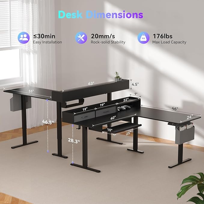 WALKINGDESK 63 Inches Height Adjustable L Shaped Standing Desk with 2 Drawers and Keyboard Tray, Electric Sit to Stand Home Office Comupter Table, Ergonomic Corner Gaming Desk, Black