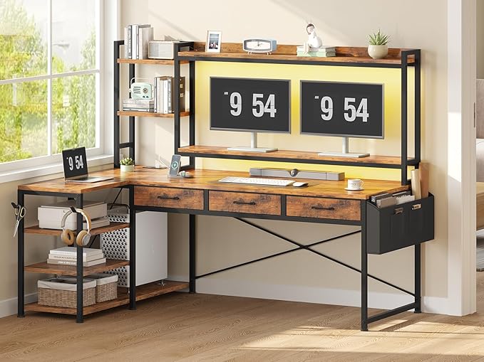 SEDETA 55" L Shaped Desk with Hutch, Corner Computer Desk with Drawers & Shelves, Reversible L Shaped Gaming Desk with Power Strip & LED Lights, Monitor Stand, Headphone Hook, Rustic Brown