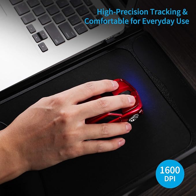 Wireless Car Mouse [Updated] with LED Headlights, 1600 DPI Sports Car Shaped Mouse for Mac, Computers, Red