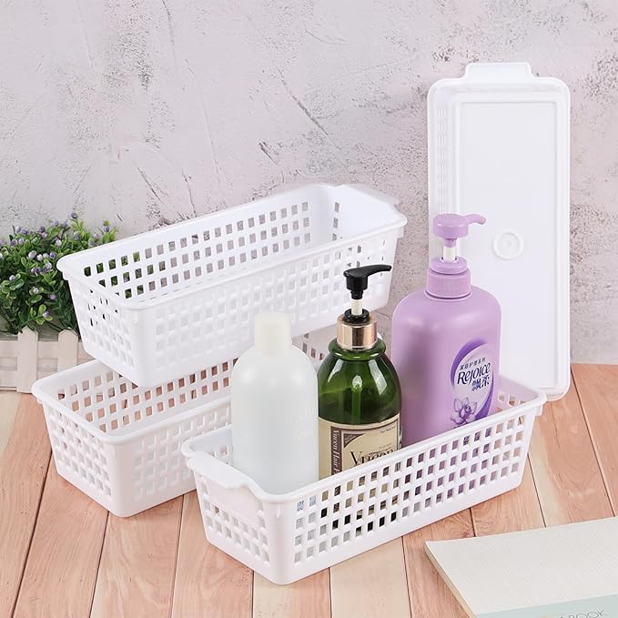 Anbers 4 Pack Slim Storage Baskets for Shelves, Small Plastic Organizing Baskets, White