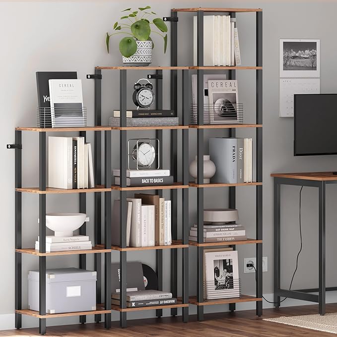 TUTOTAK Bookshelf, 5-Tier Tall Book Shelf, Narrow Bookcase for Small Space, DIY Stackable Bookshelf, for Living Room, Office, Study, Entryway, Industrial, Rustic Brown and Black BS01BB005