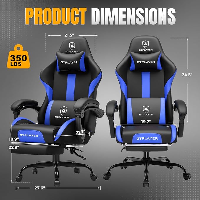 GTPLAYER Gaming Chair with Foot Rest & Pocket Spring Cushion, Ergonomic High Back Computer Chair with Headrest & 360°-Swivel Seat for Home Office Desk, PU Leather, Blue
