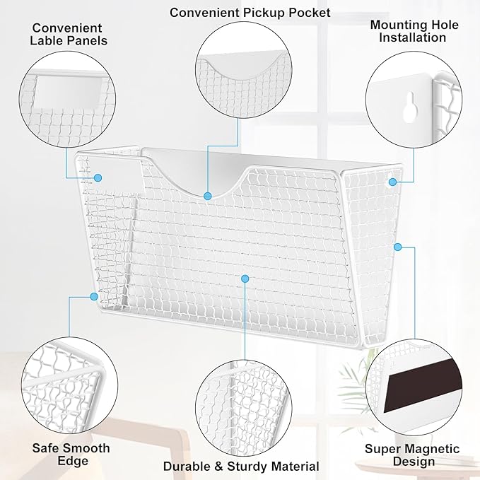 MFTEK Magnetic File Holder, 3 Pockets Wall File Folders Holder No Drilling Magnetic Paper Mail Organizer Magazine Basket, Hanging Storage Rack for Fridge Cabinets Office Classroom(White)