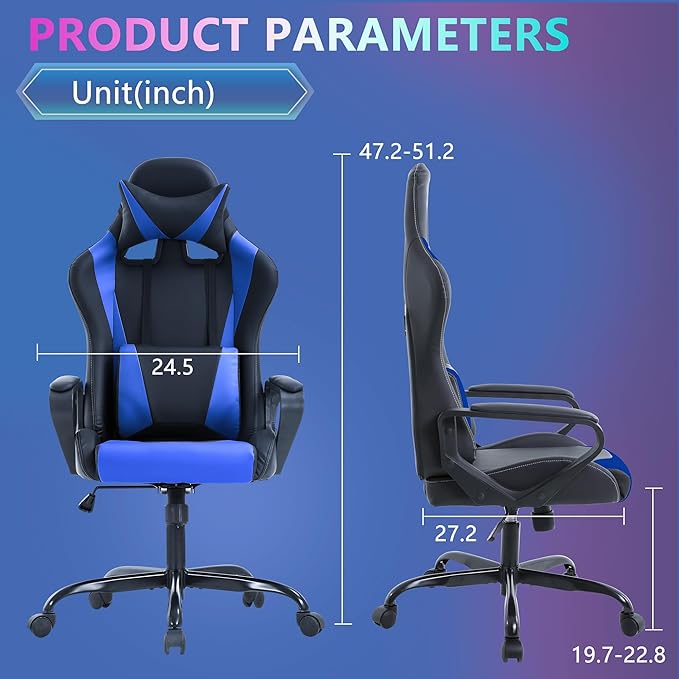 PayLessHere Ergonomic Racing Desk Chair Gaming Chair Computer Chair with Armrests 360° Swivel & Caster Pu Desk Task Chair Executive Headrest Lumbar Support for Back Pain Women Men and Adults, Blue