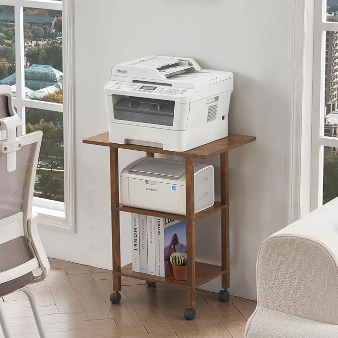 YUFAM 3 Tier Home Printer Stand with Storage, Wooden Mobile Printer Table Shelf, Rolling Printer Cart Shelf with Lockable Wheels fit Fax Machine, Scanner, Brown
